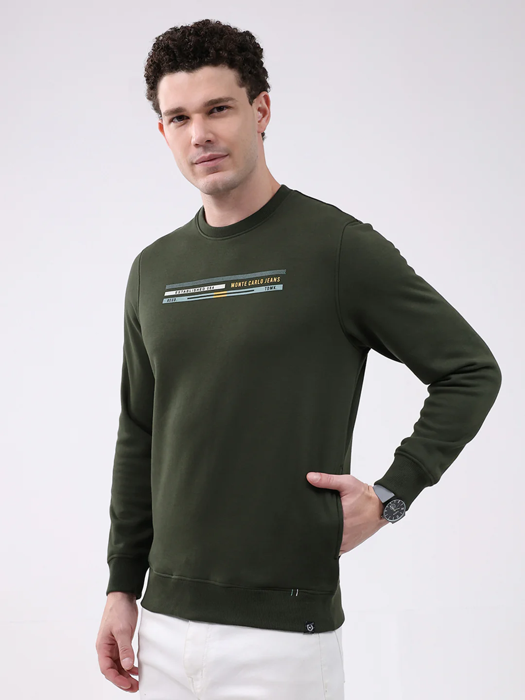 Men Olive Printed Round Neck Full Sleeve Sweatshirt - Image 4