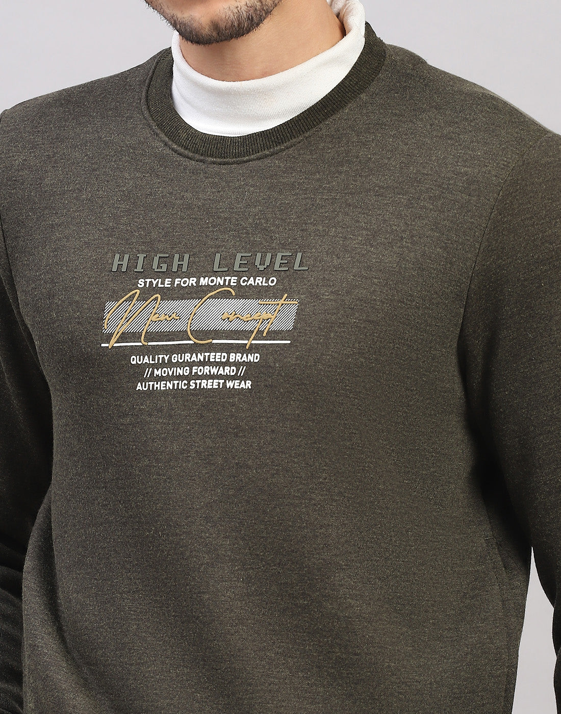 Men Olive Printed Round Neck Full Sleeve Sweatshirt - Image 6