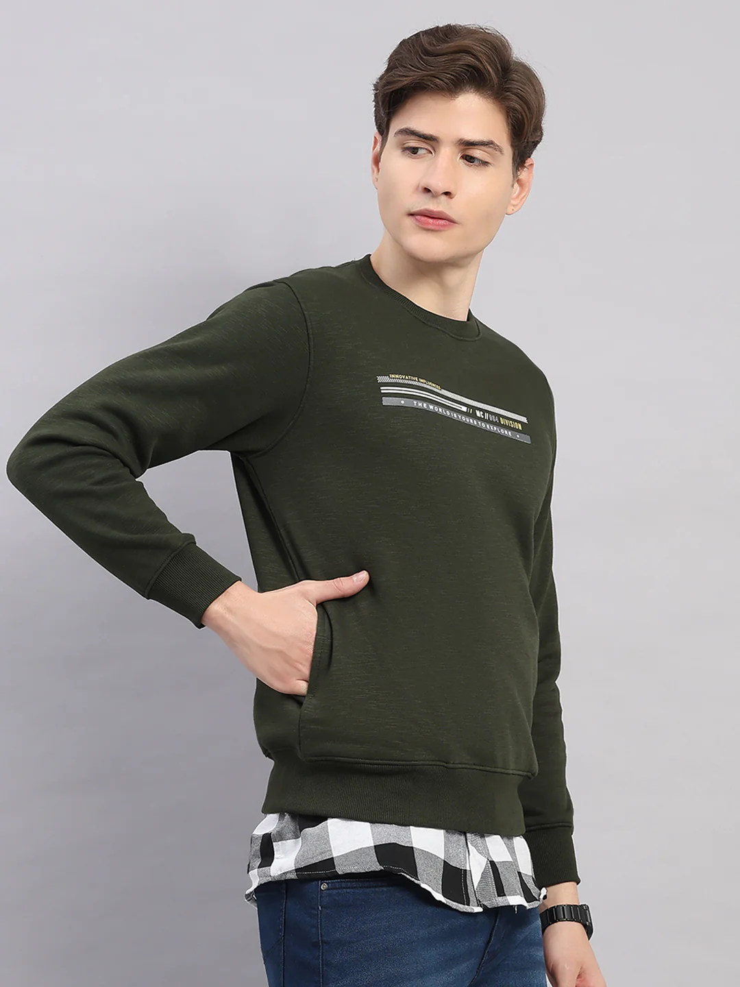 Men Olive Printed Round Neck Full Sleeve Sweatshirt - Image 4