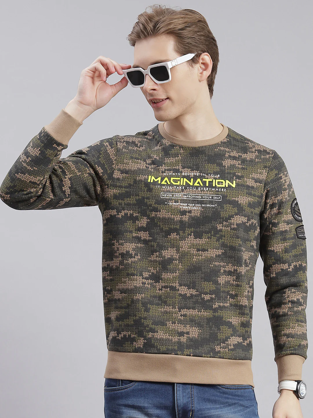 Men Olive Printed Round Neck Full Sleeve Sweatshirts - Image 4