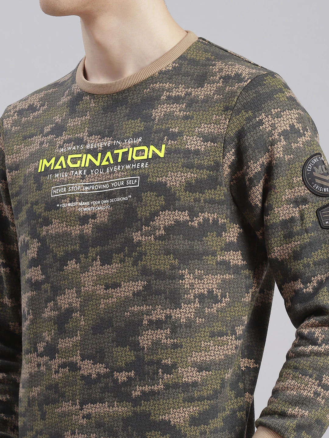 Men Olive Printed Round Neck Full Sleeve Sweatshirts - Image 7