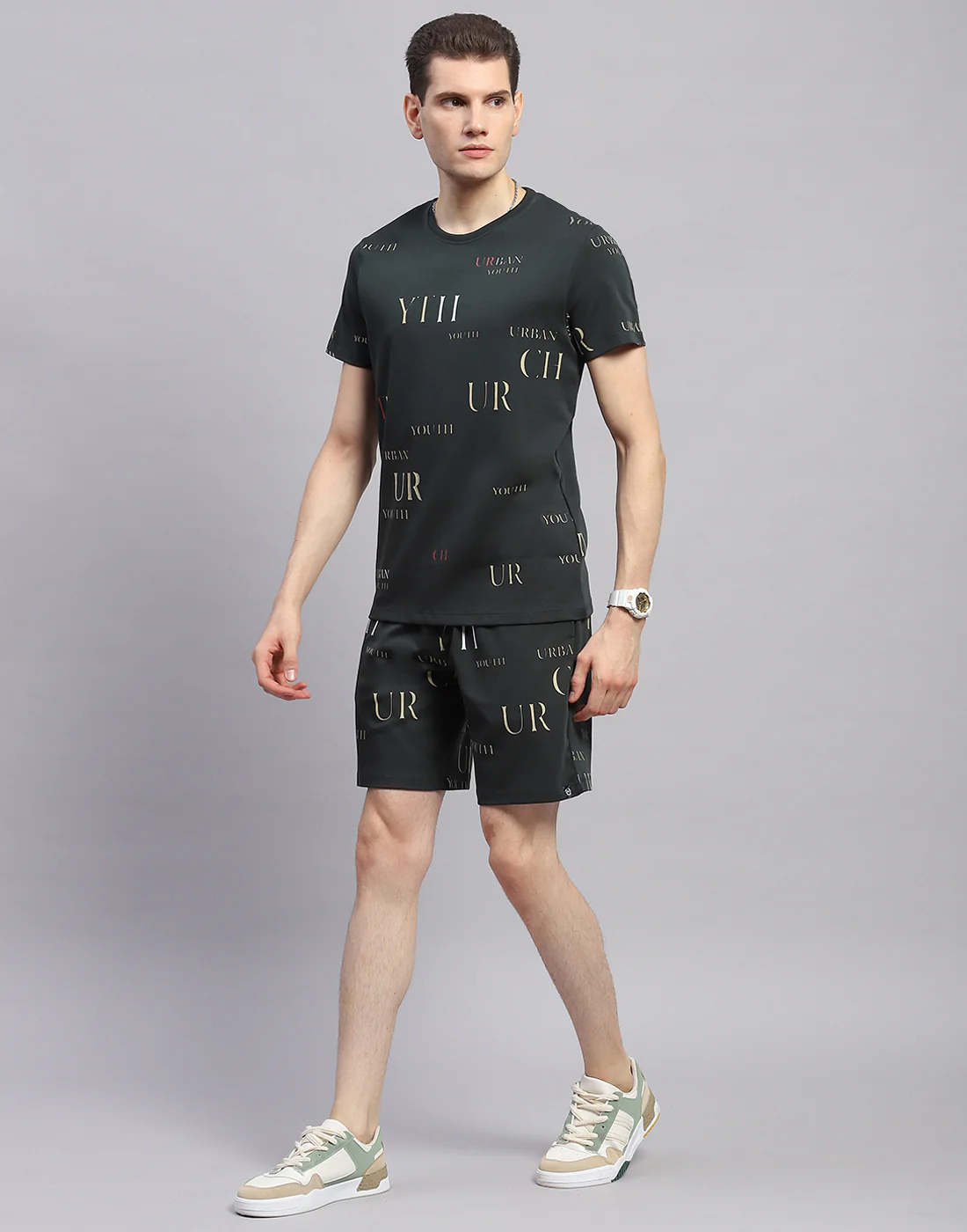 Men Olive Printed Round Neck Half Sleeve Bermuda Set - Image 3
