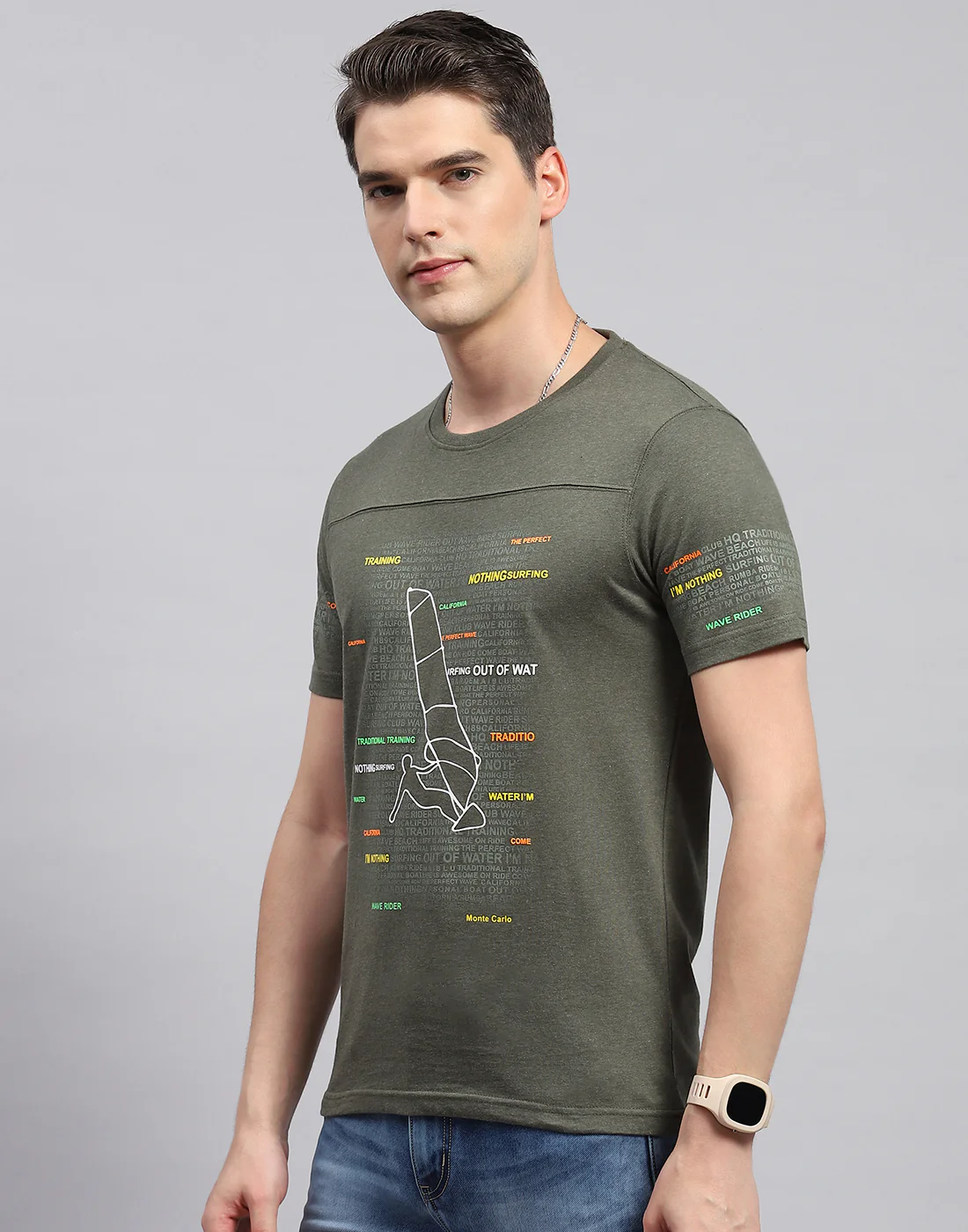 Men Olive Printed Round Neck Half Sleeve T-Shirt - Image 3