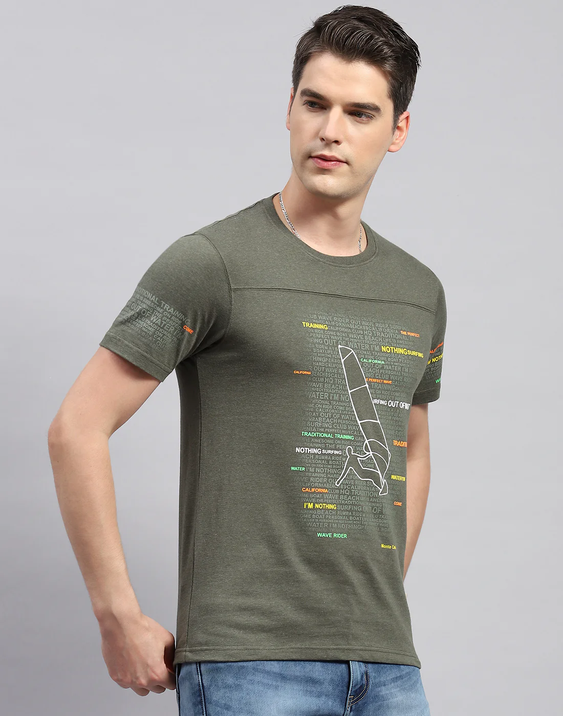 Men Olive Printed Round Neck Half Sleeve T-Shirt - Image 4