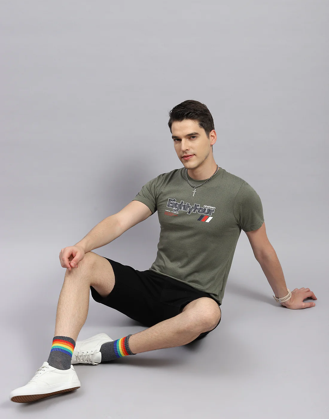 Men Olive Printed Round Neck Half Sleeve T-Shirt - Image 2