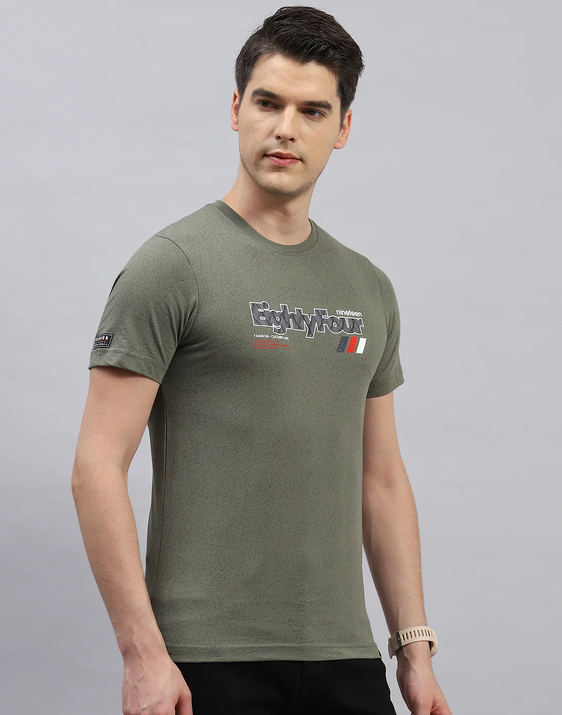 Men Olive Printed Round Neck Half Sleeve T-Shirt - Image 4