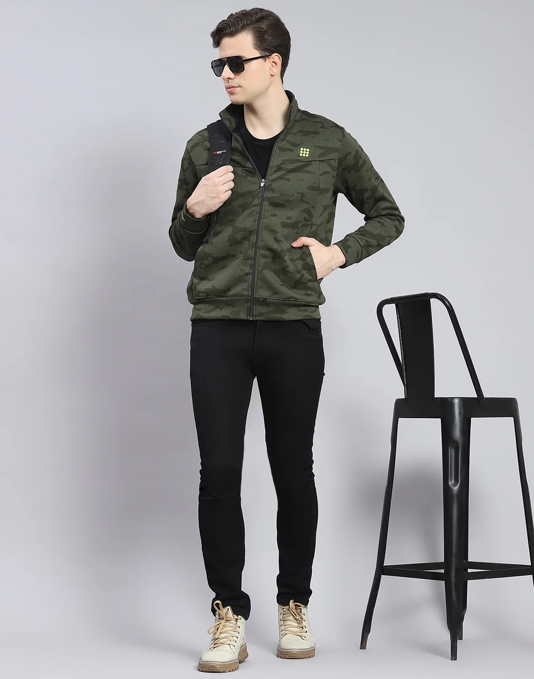 Rock.it Men Olive Printed Stand Collar Full Sleeve Sweatshirt - Image 2