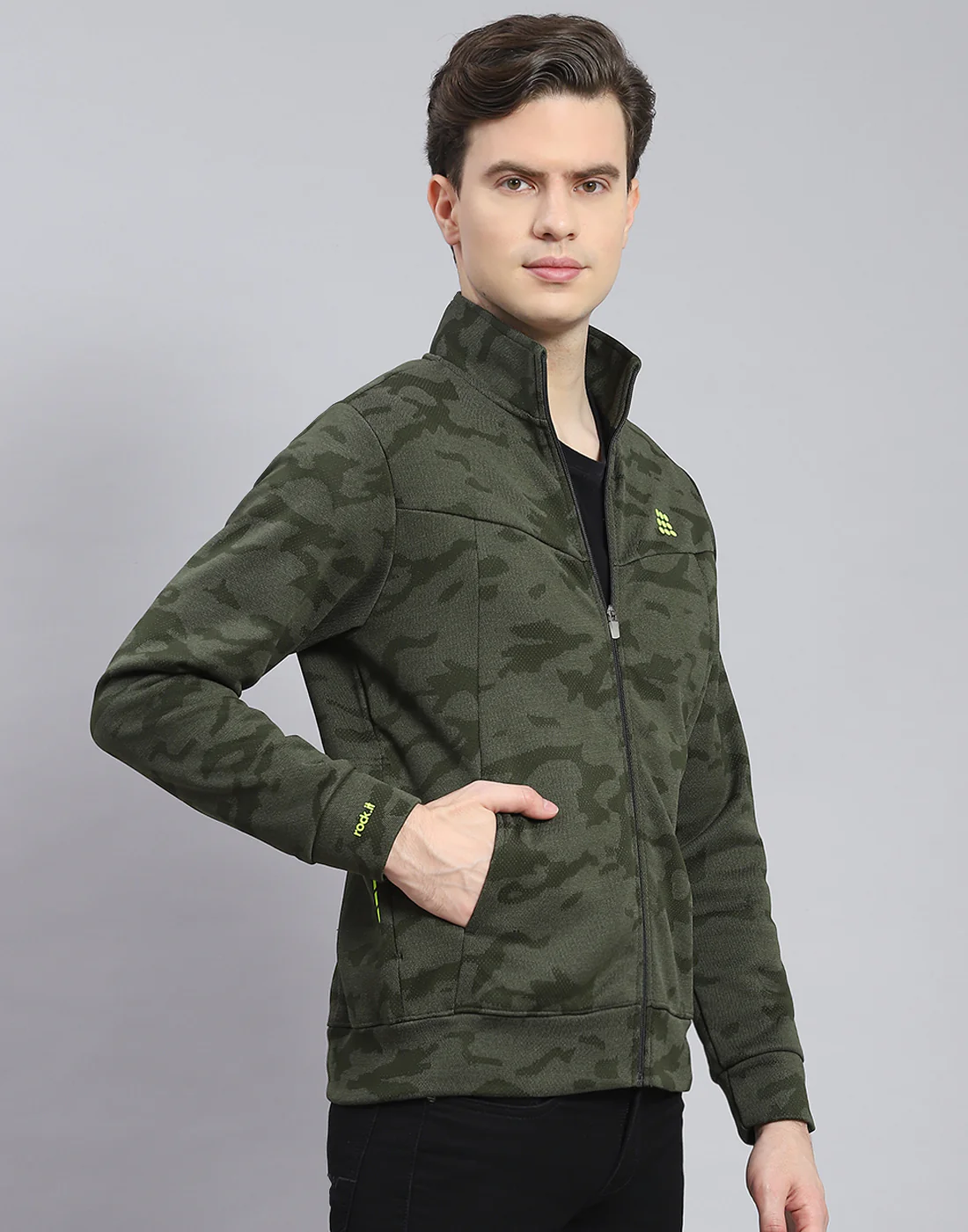 Rock.it Men Olive Printed Stand Collar Full Sleeve Sweatshirt - Image 4