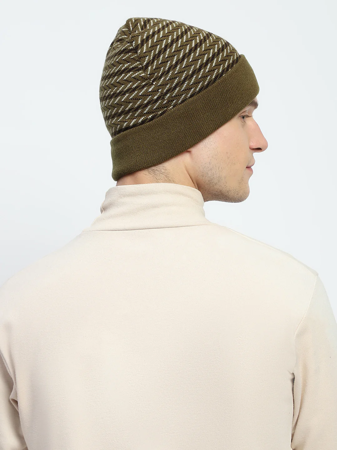 Men Olive Self Design Cap - Image 5