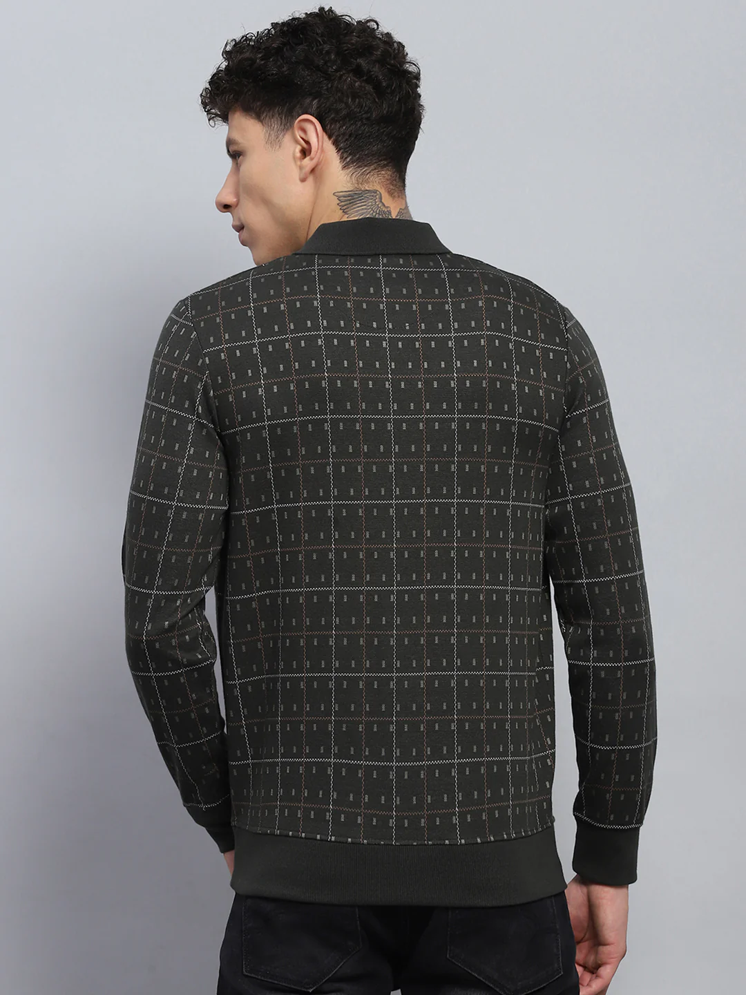 Men Olive Self Design Collar Full Sleeve Winter T-Shirt - Image 5