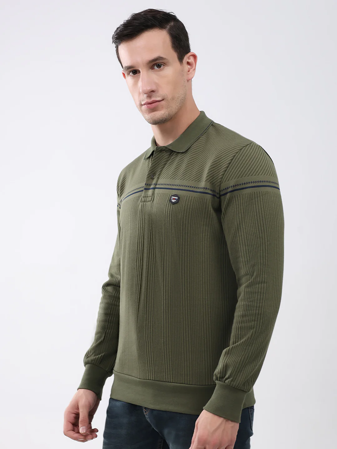 Men Olive Self Design Collar Full Sleeve Winter T-Shirt - Image 3