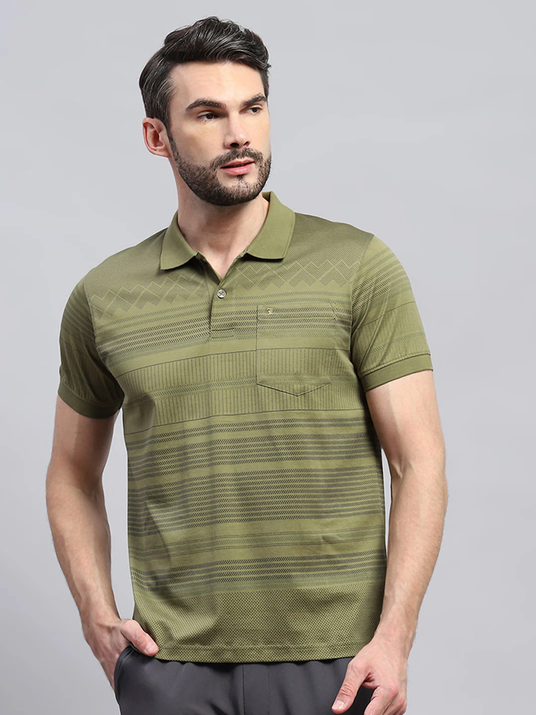 Men Olive Self Design Collar Half Sleeve T-Shirt - Image 2