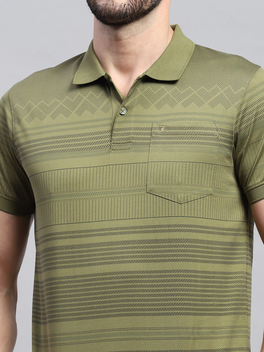 Men Olive Self Design Collar Half Sleeve T-Shirt - Image 6