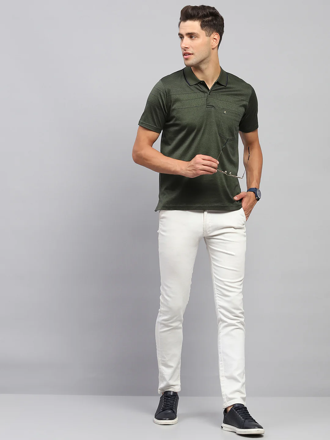 Men Olive Self Design Collar Half Sleeve T-Shirt - Image 2
