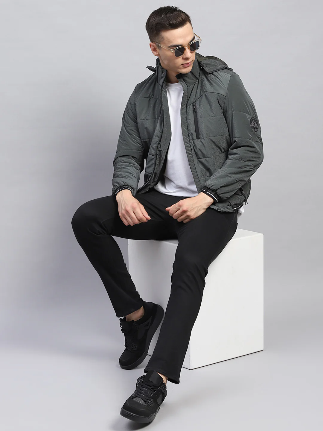 Men Olive Self Design Detachable Hood Full Sleeve Jacket - Image 2