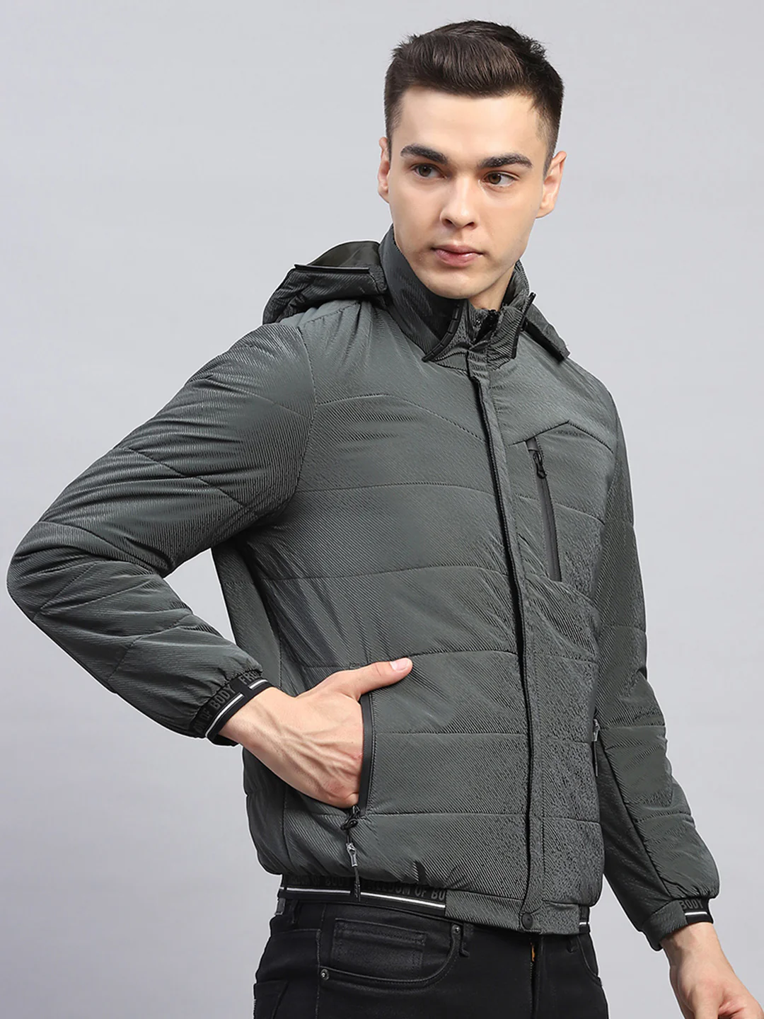 Men Olive Self Design Detachable Hood Full Sleeve Jacket - Image 4