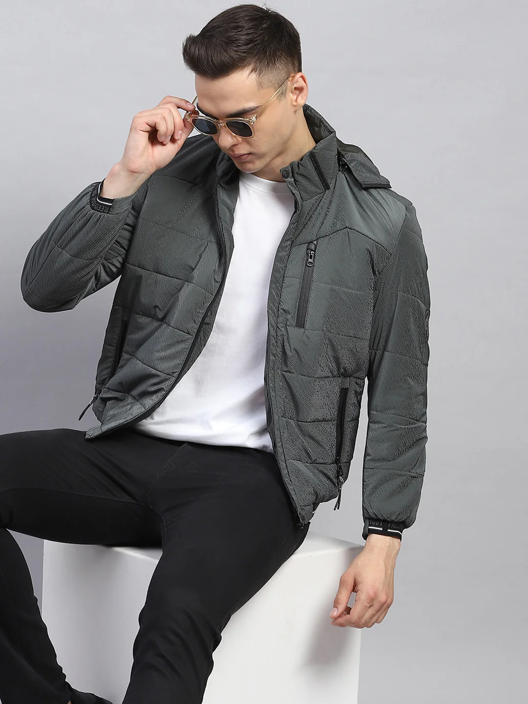 Men Olive Self Design Detachable Hood Full Sleeve Jacket - Image 6