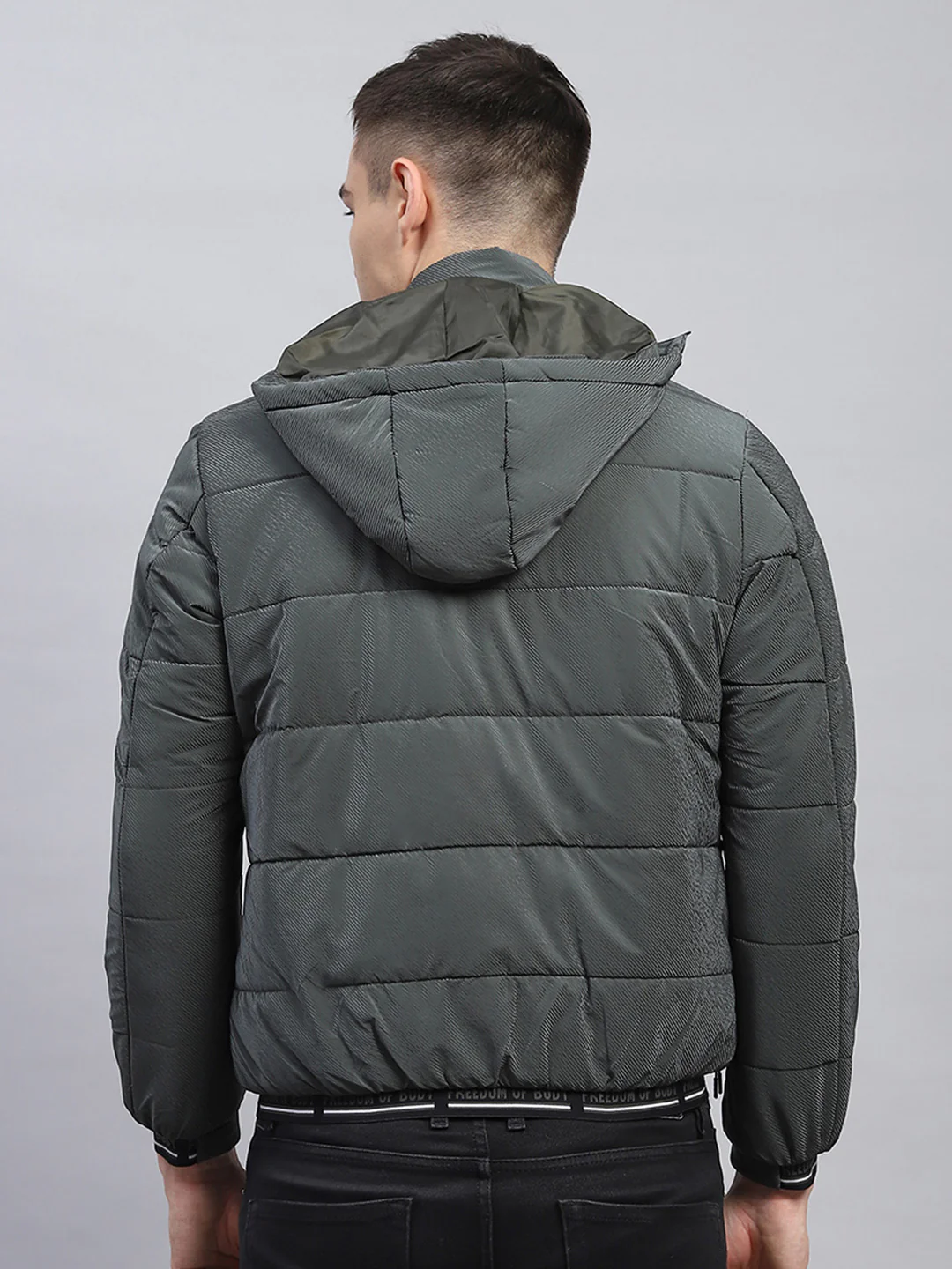 Men Olive Self Design Detachable Hood Full Sleeve Jacket - Image 7