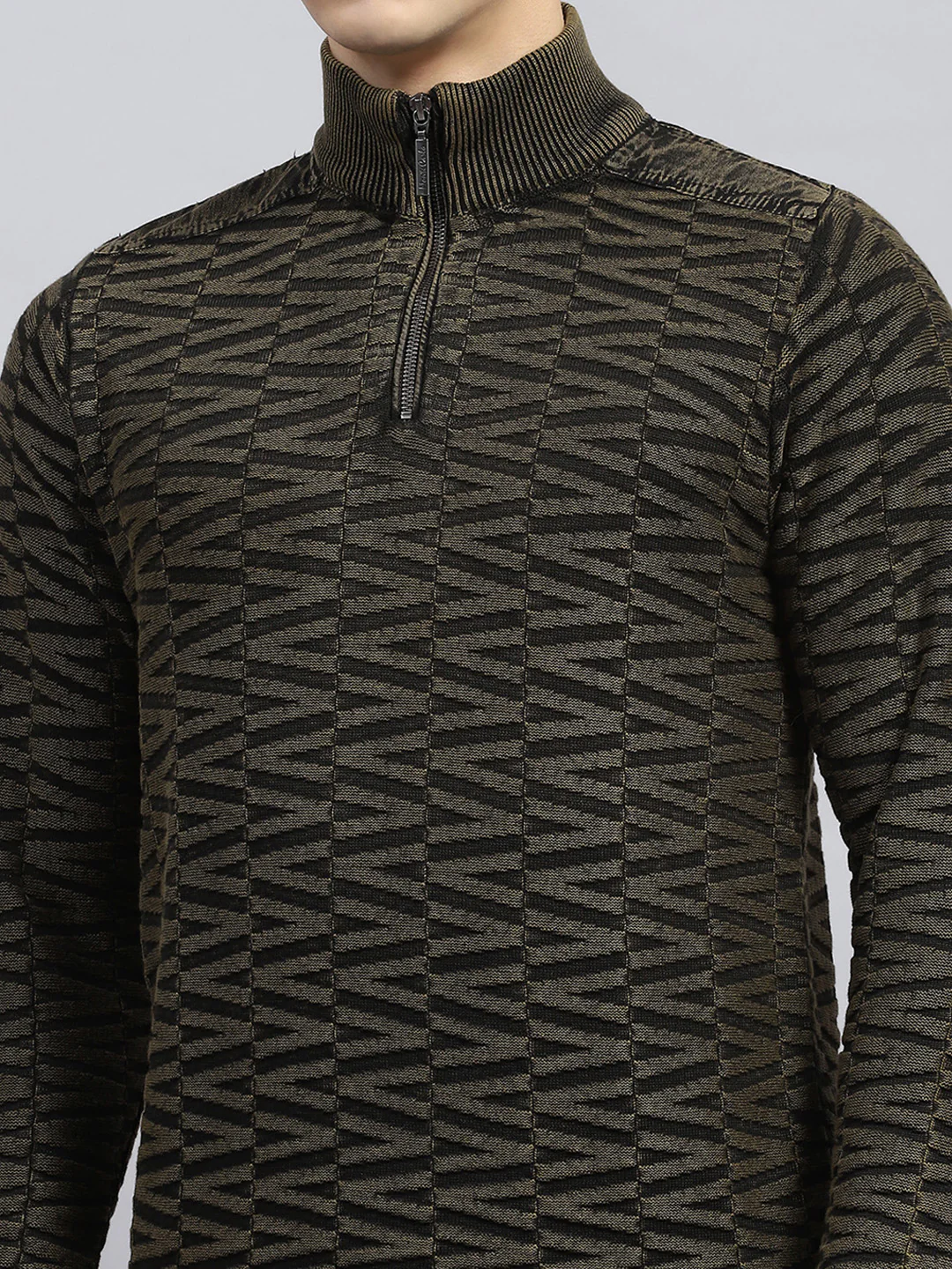 Men Olive Self Design High Neck Full Sleeve Pullover - Image 6