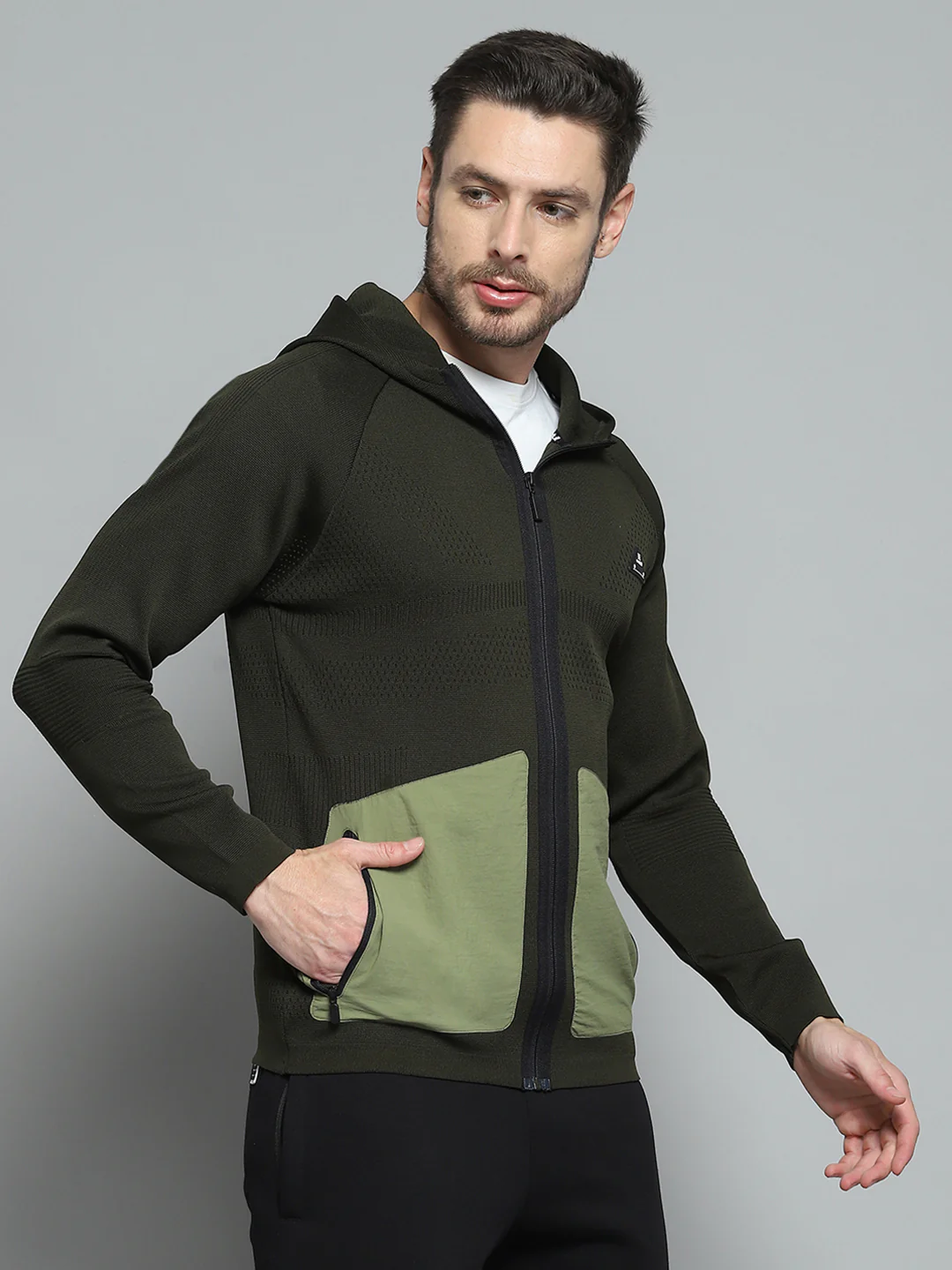 Rock.it Men Olive Self Design Hooded Full Sleeve Pullover - Image 4