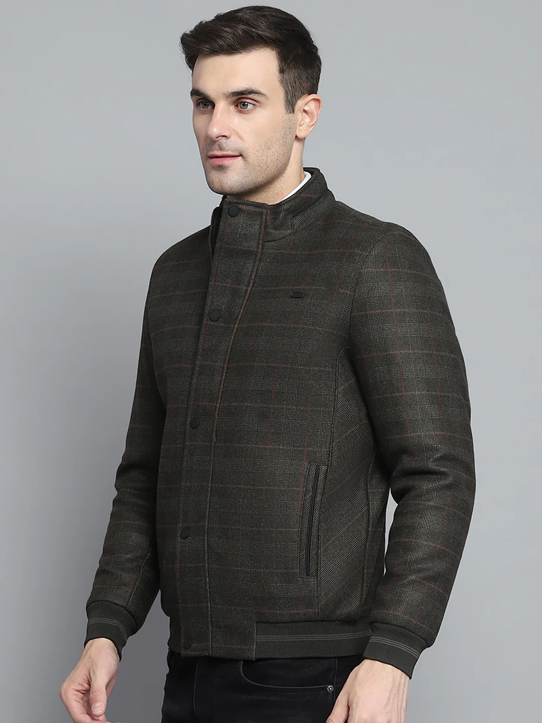 Men Olive Self Design Mock Neck Full Sleeve Jacket - Image 3