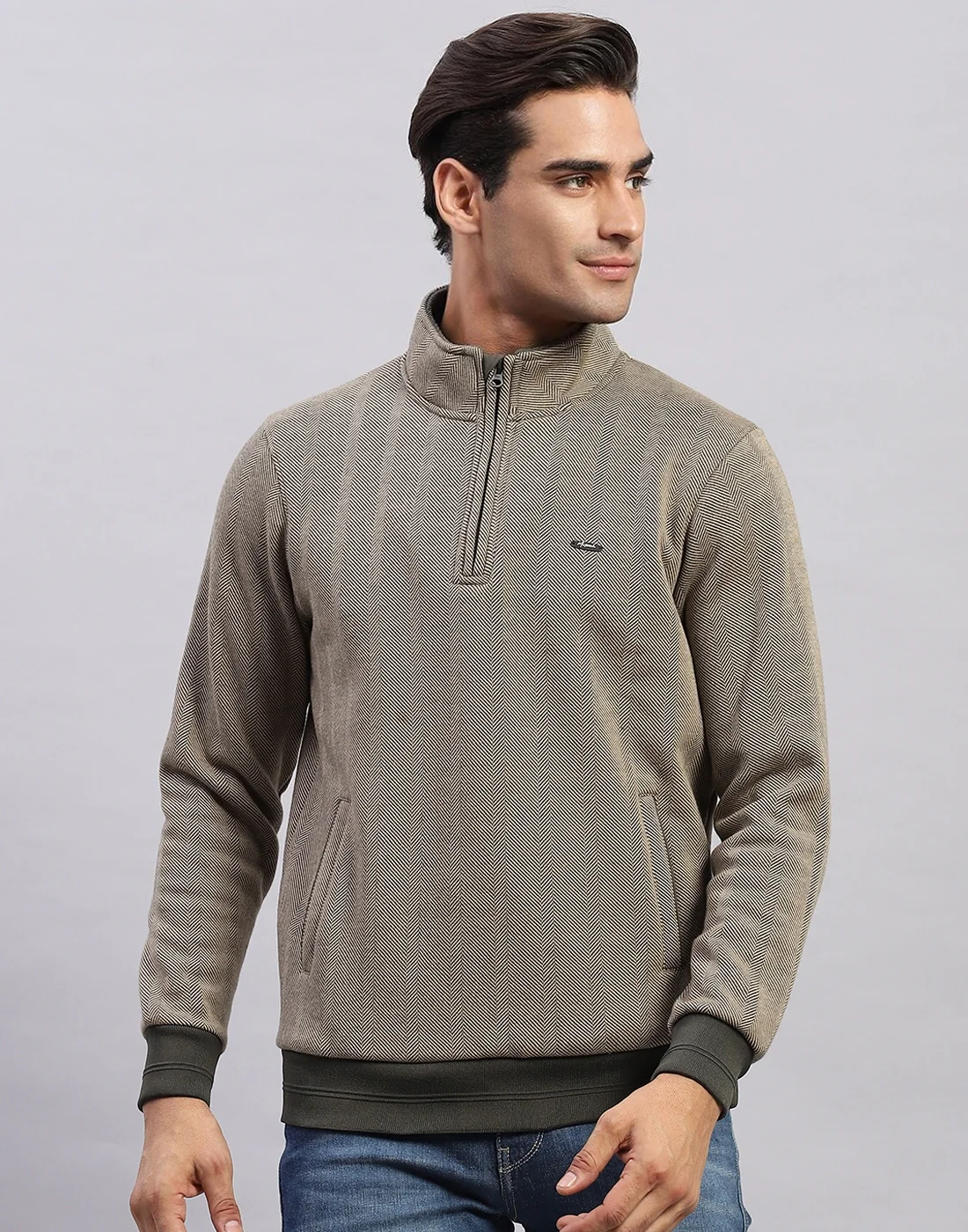Men Olive Self Design Mock Neck Full Sleeve Sweatshirt - Image 2