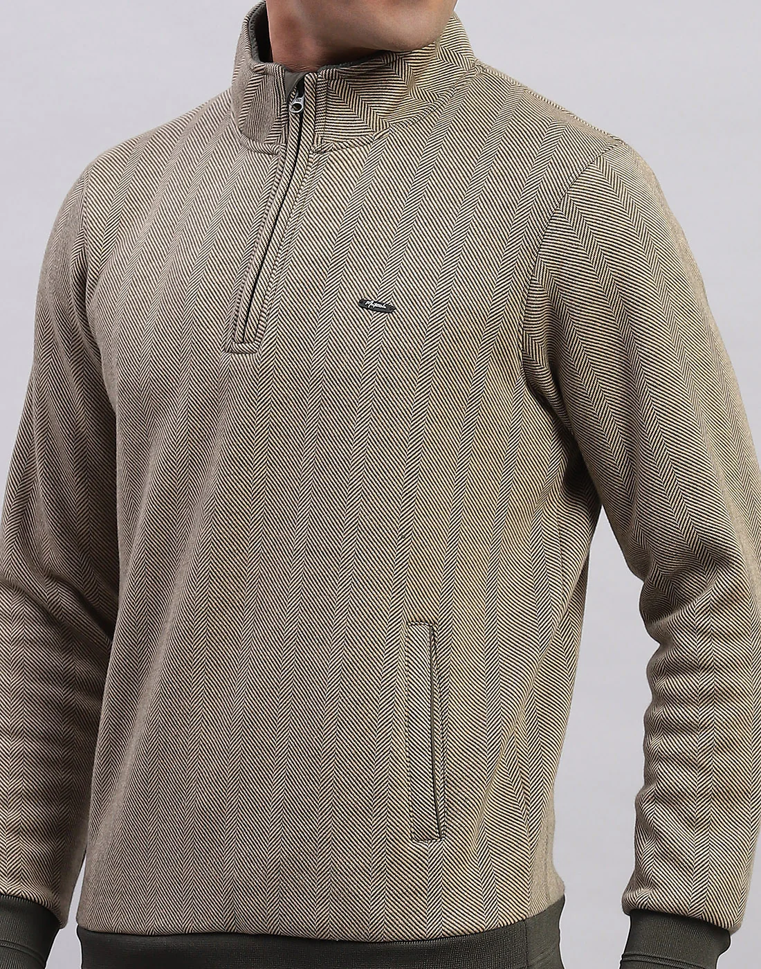 Men Olive Self Design Mock Neck Full Sleeve Sweatshirt - Image 5