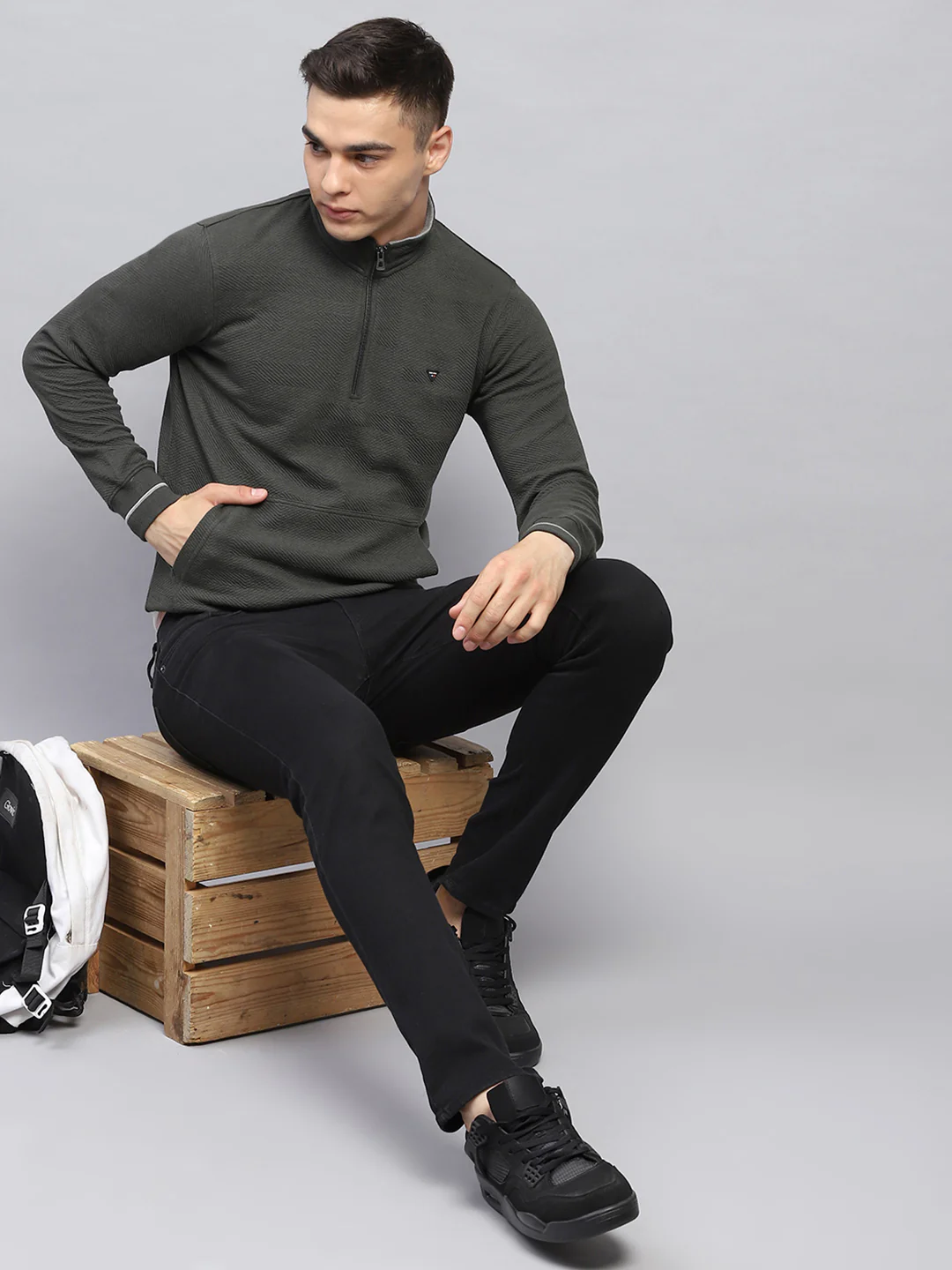 Men Olive Self Design Mock Neck Full Sleeve Winter T-Shirt - Image 2
