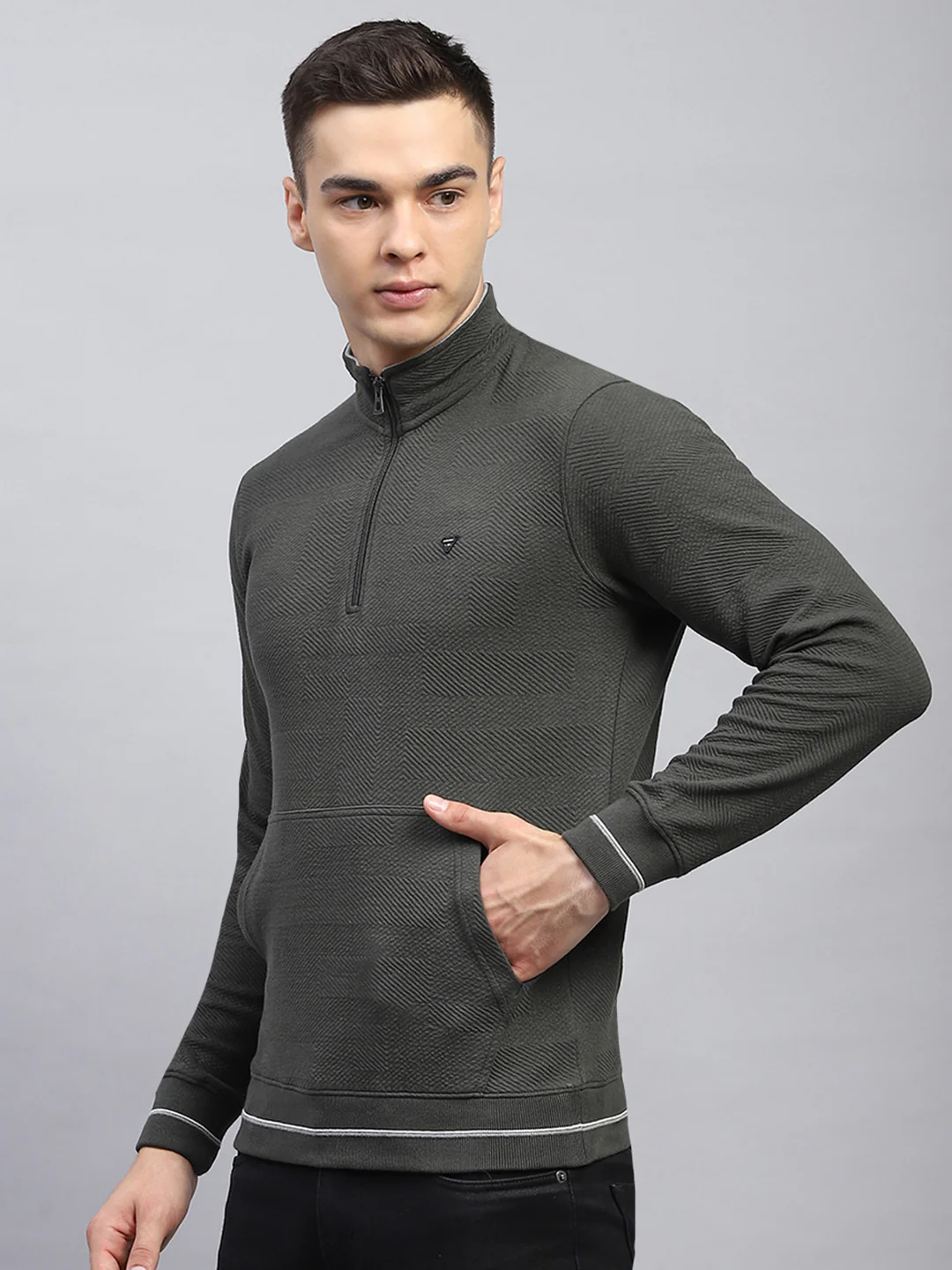 Men Olive Self Design Mock Neck Full Sleeve Winter T-Shirt - Image 3