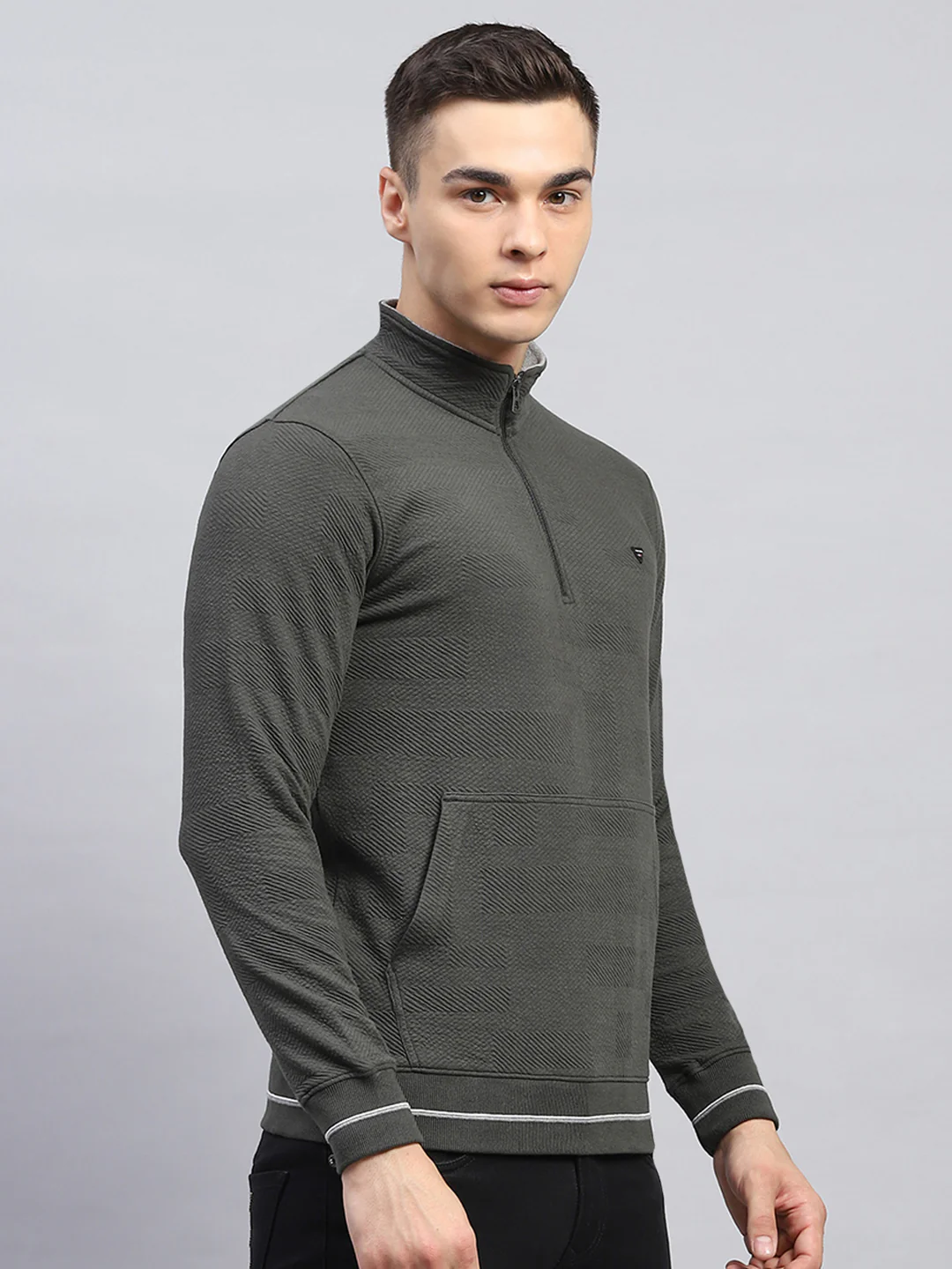 Men Olive Self Design Mock Neck Full Sleeve Winter T-Shirt - Image 4