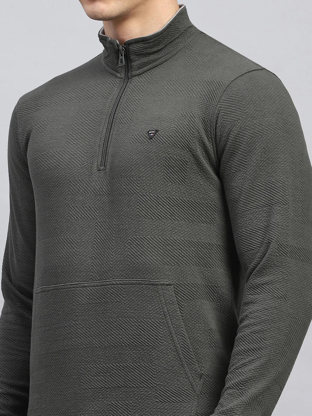 Men Olive Self Design Mock Neck Full Sleeve Winter T-Shirt - Image 7