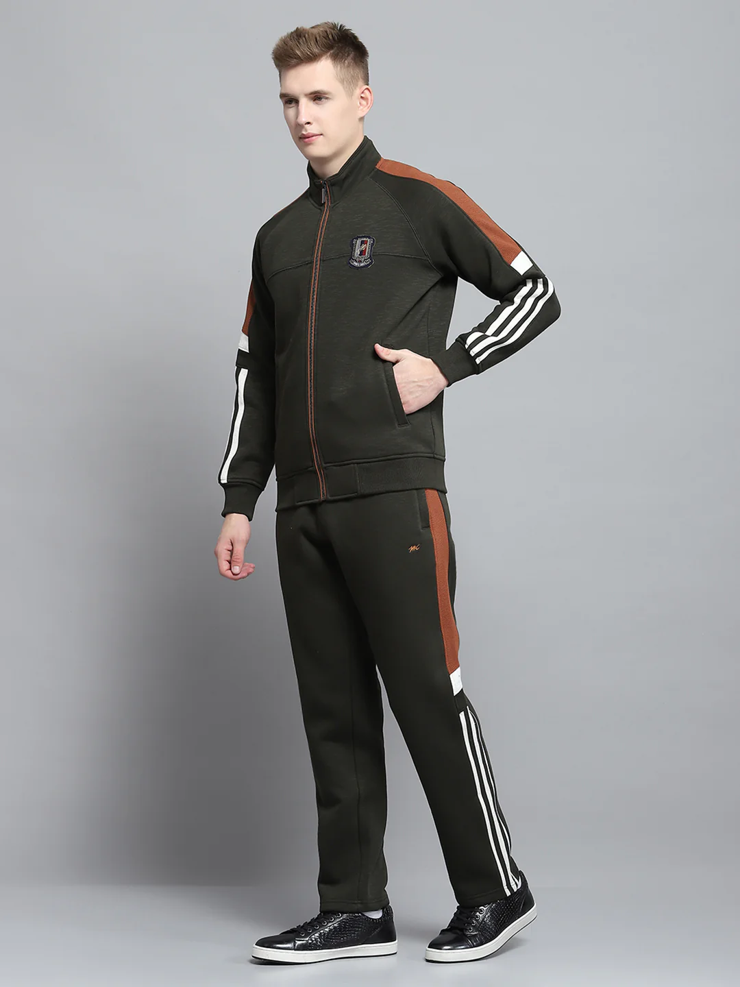 Men Olive Self Design Mock Neck Full Sleeve Winter Tracksuit - Image 3