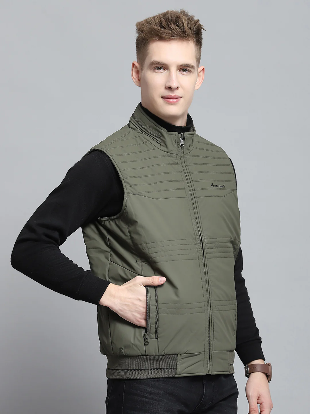 Men Olive Self Design Mock Neck Sleeveless Reversible Jacket - Image 4