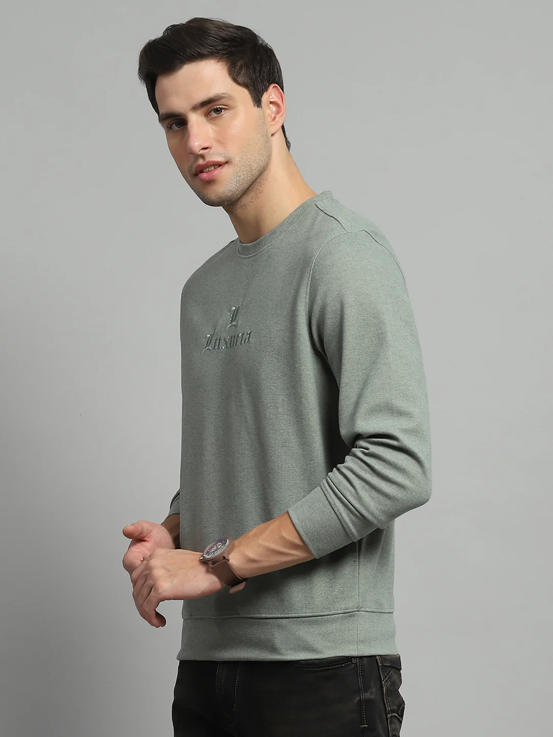 Men Olive Self Design Round Neck Full Sleeve Sweatshirt - Image 3