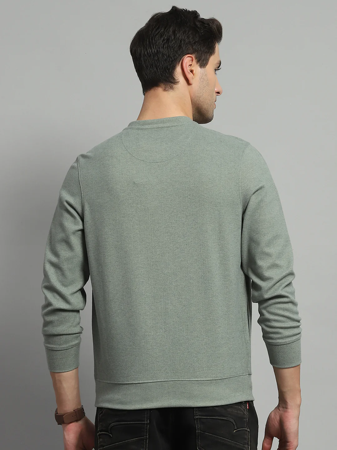 Men Olive Self Design Round Neck Full Sleeve Sweatshirt - Image 5