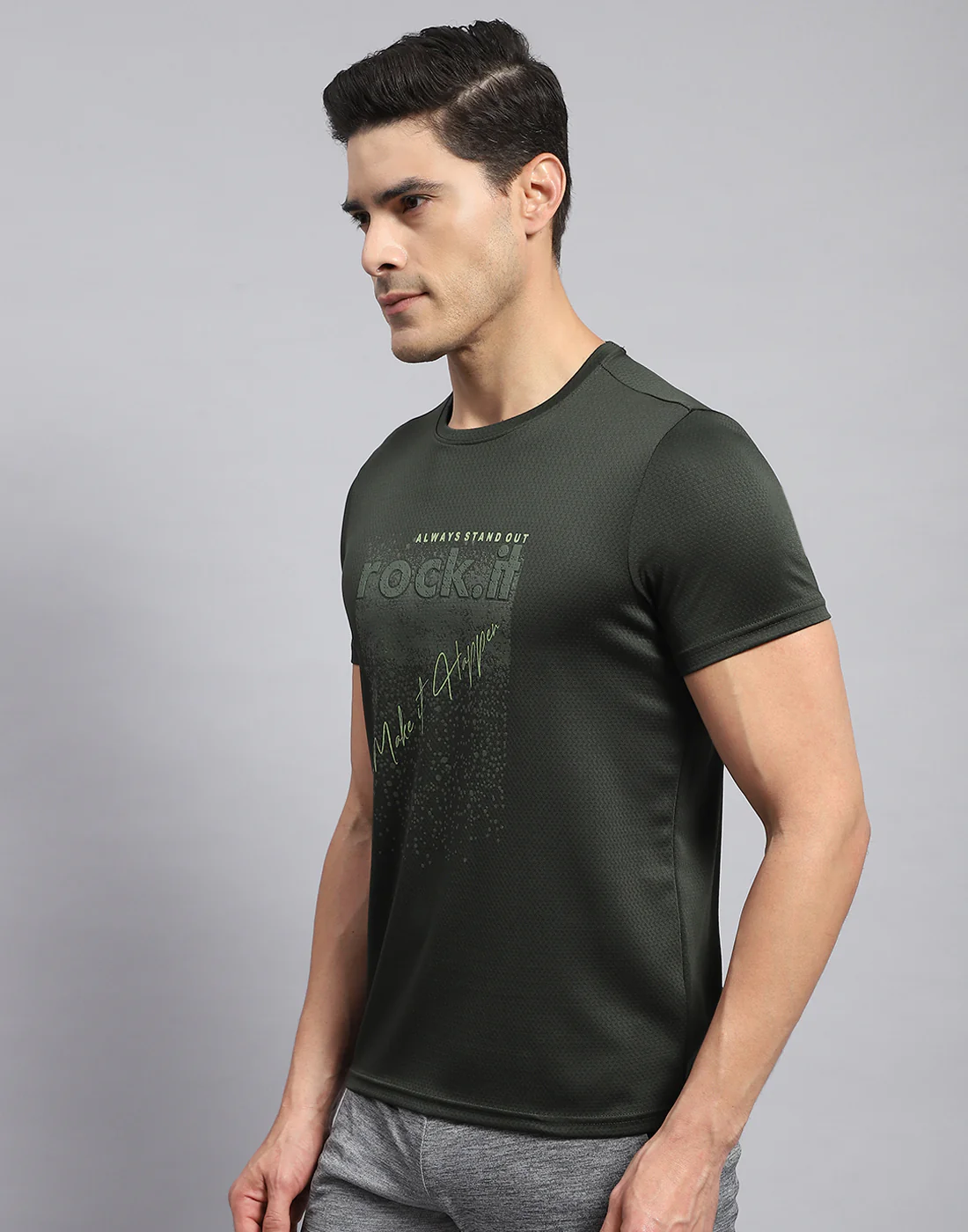 Rock.it Men Olive Self Design Round Neck Half Sleeve T-Shirt - Image 3