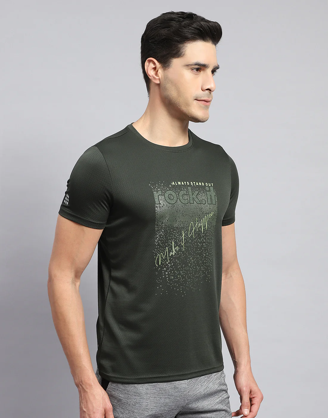Rock.it Men Olive Self Design Round Neck Half Sleeve T-Shirt - Image 4
