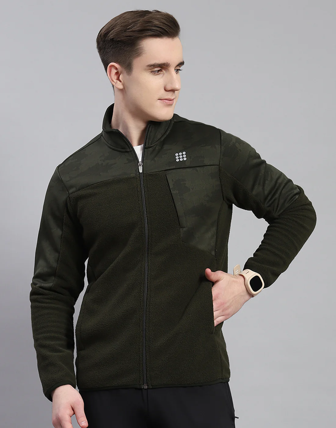 Rock.it Men Olive Self Design Stand Collar Full Sleeve Sweatshirt - Image 3