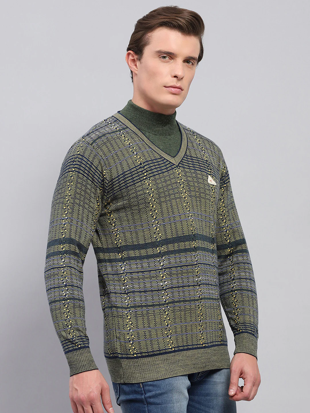 Men Olive Self Design V Neck Full Sleeve Pullover - Image 4