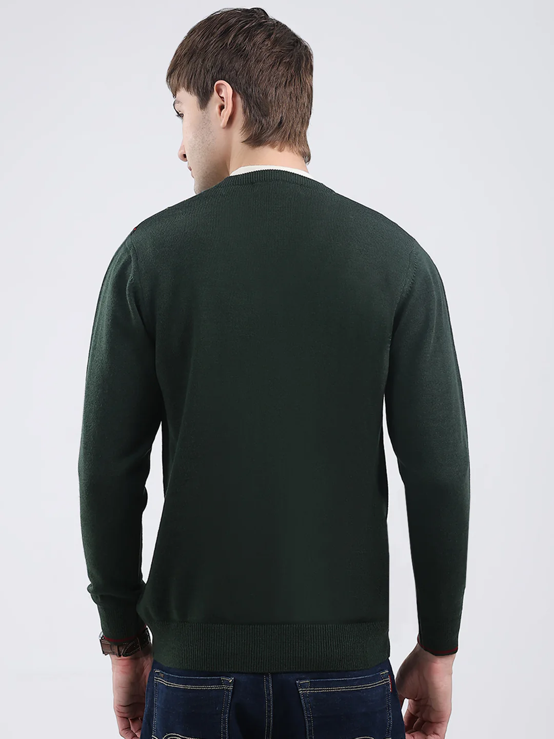 Men Olive Self Design V Neck Full Sleeve Pullover - Image 5