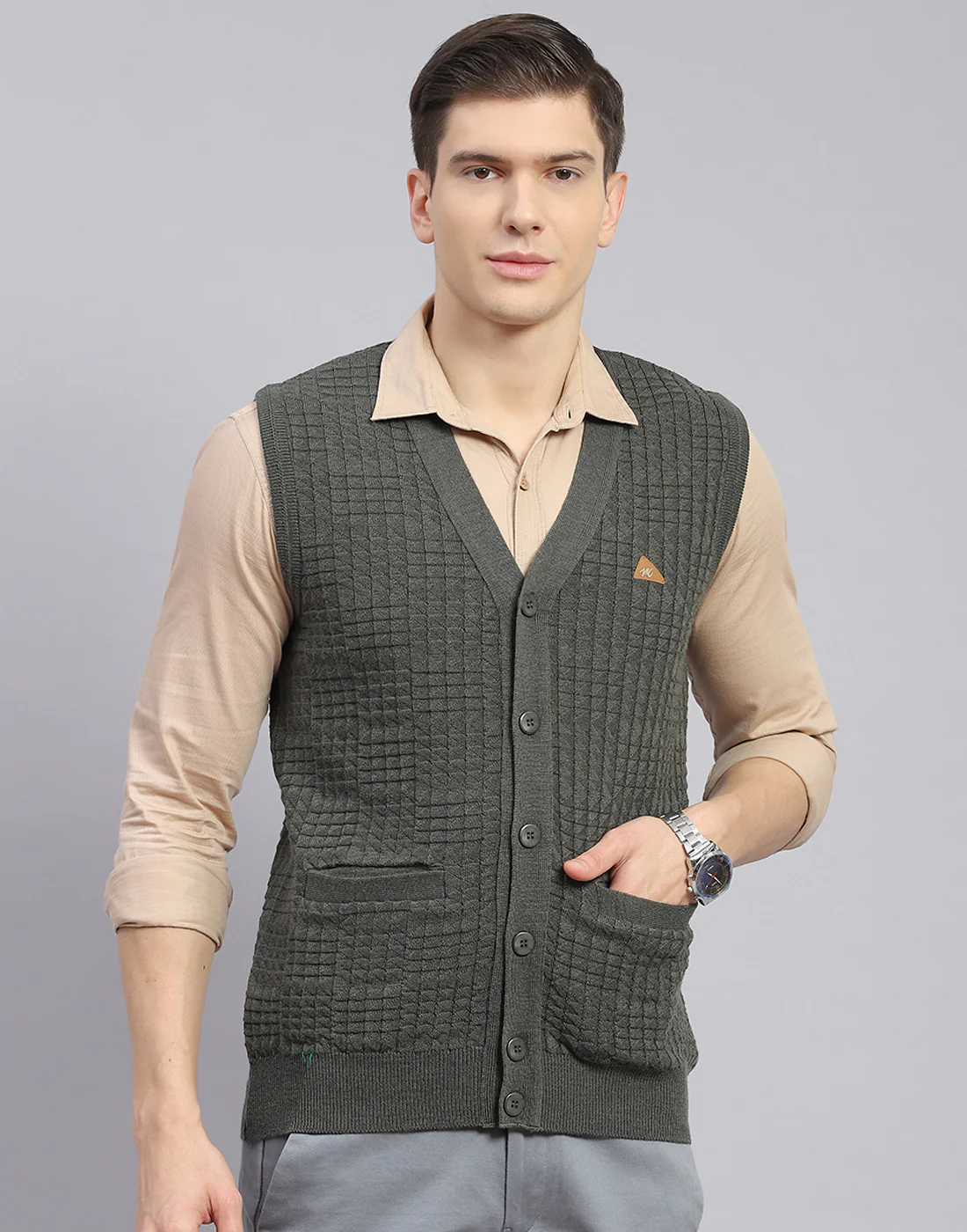 Men Olive Self Design V Neck Sleeveless Sweater - Image 2