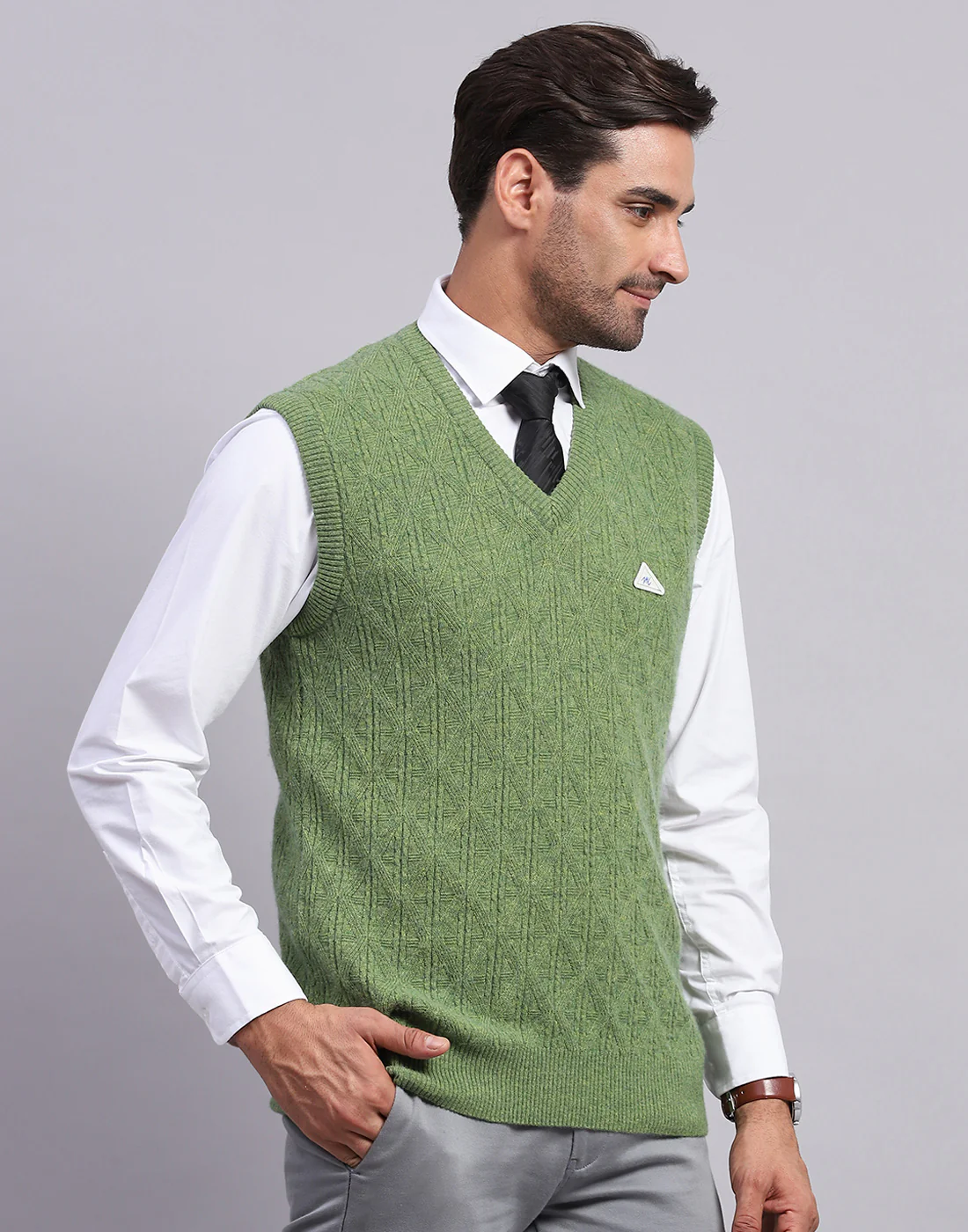 Men Olive Self Design V Neck Sleeveless Sweater - Image 4