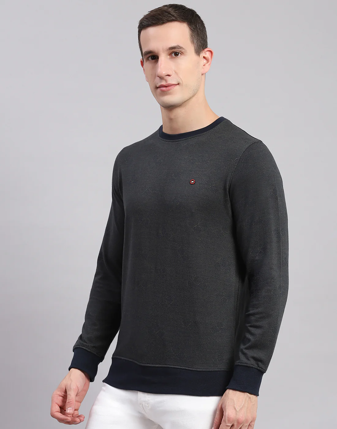 Men Olive Self Design Round Neck Full Sleeve Sweatshirts - Image 3