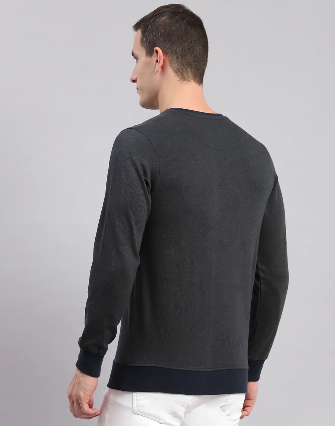 Men Olive Self Design Round Neck Full Sleeve Sweatshirts - Image 5
