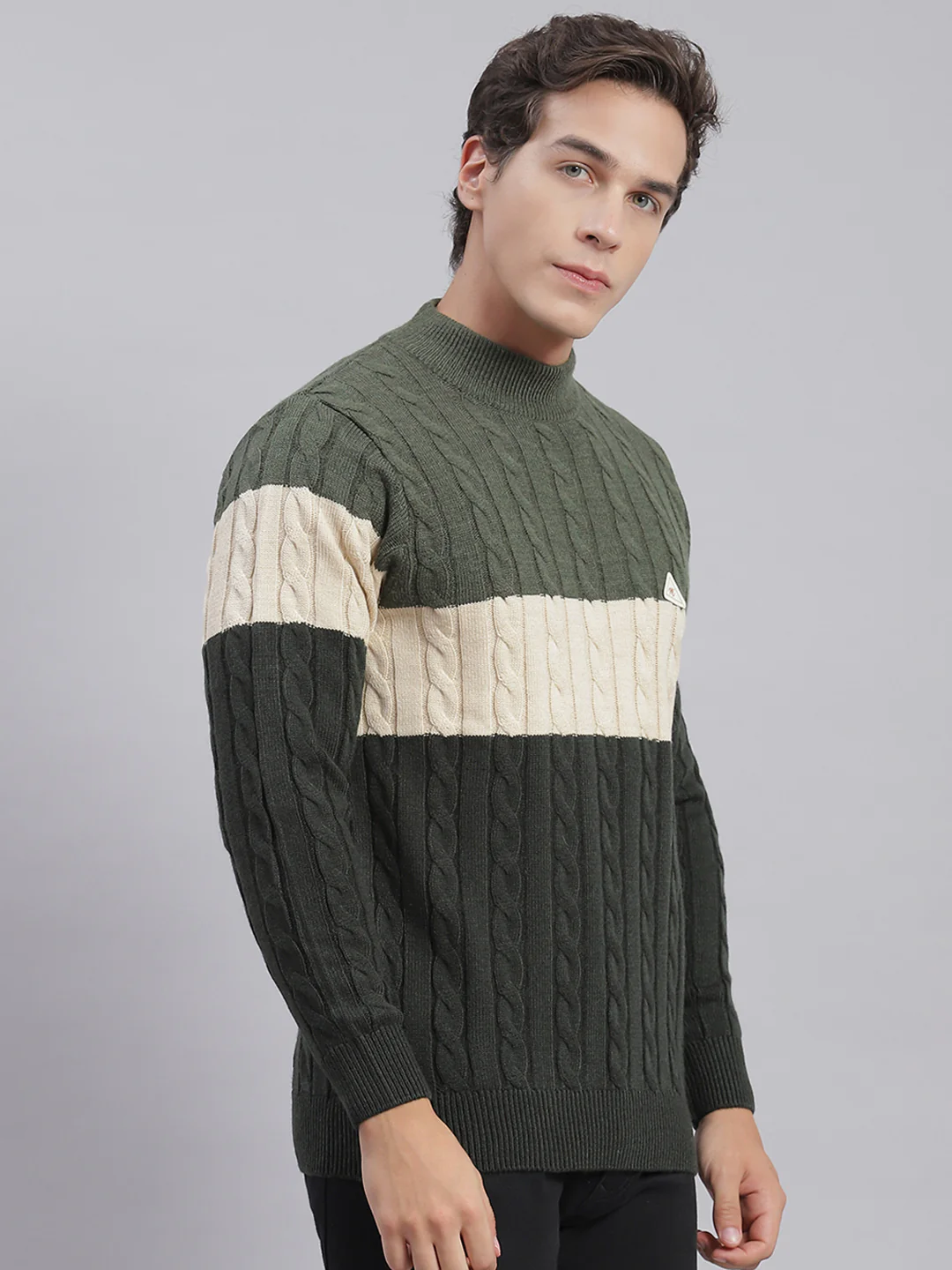 Men Olive Self Design T Neck Full Sleeve Sweaters/Pullovers - Image 3