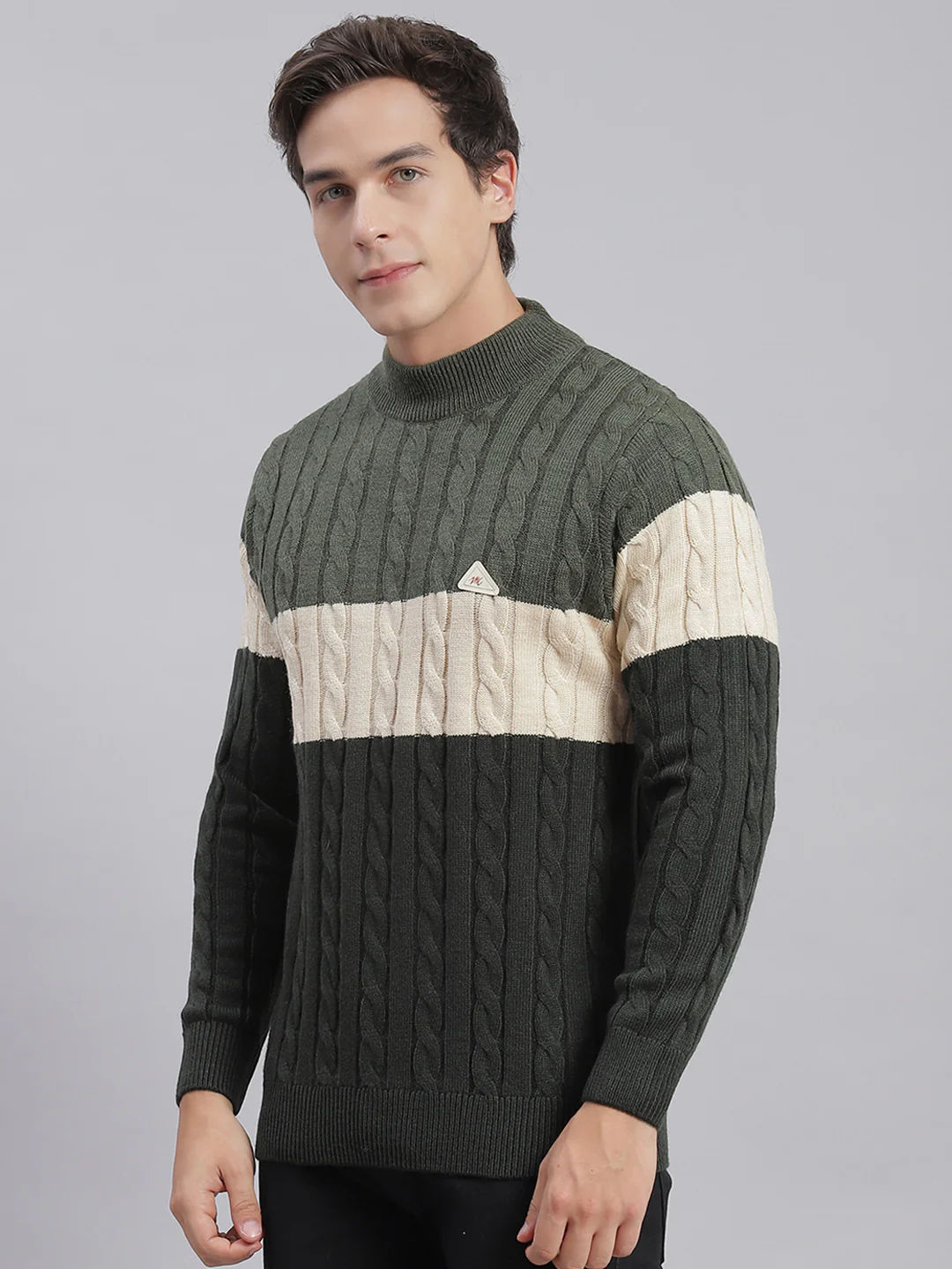 Men Olive Self Design T Neck Full Sleeve Sweaters/Pullovers - Image 4