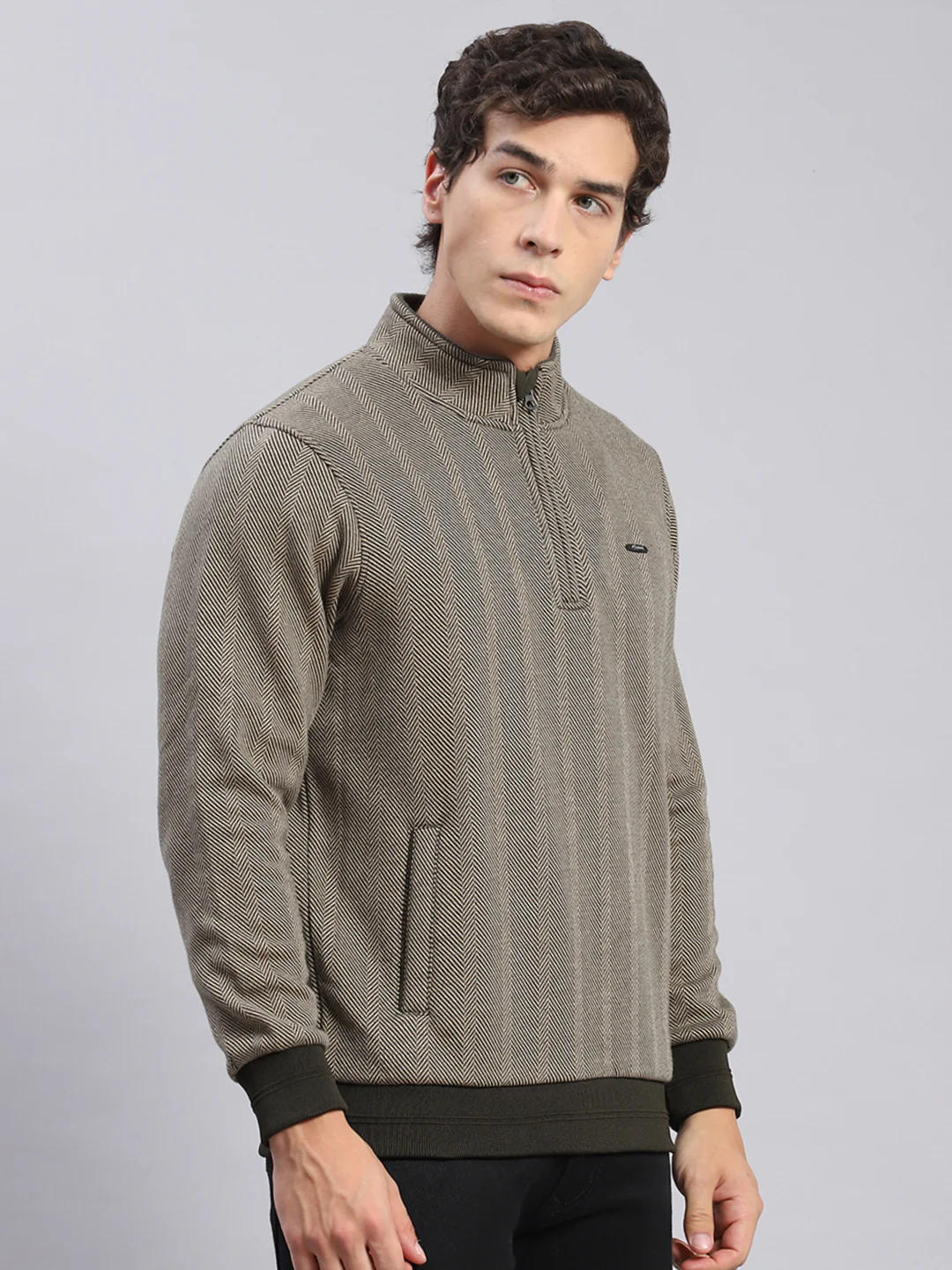 Men Olive Self Design T Neck Full Sleeve Sweatshirts - Image 5