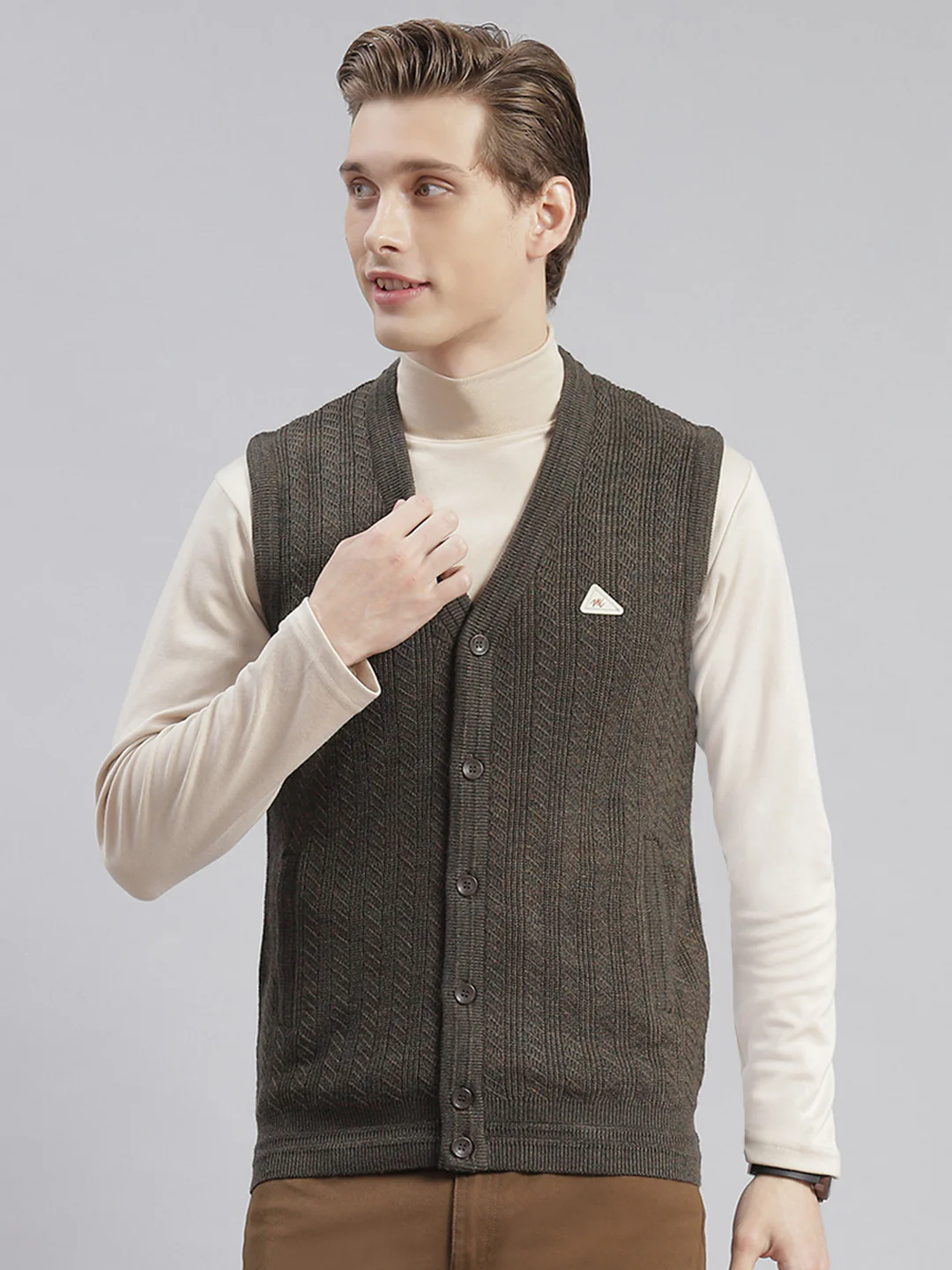 Men Olive Self Design V Neck Sleeveless Sweaters/Pullovers - Image 2