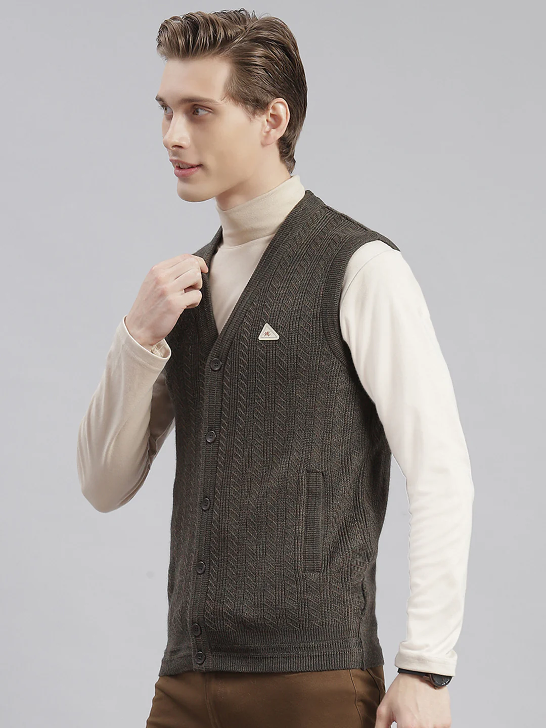 Men Olive Self Design V Neck Sleeveless Sweaters/Pullovers - Image 3
