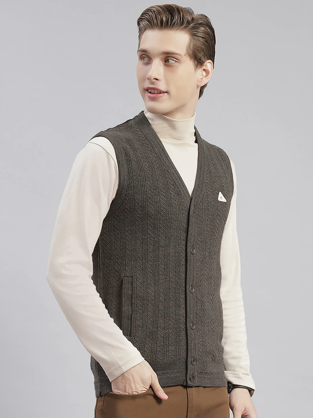 Men Olive Self Design V Neck Sleeveless Sweaters/Pullovers - Image 4